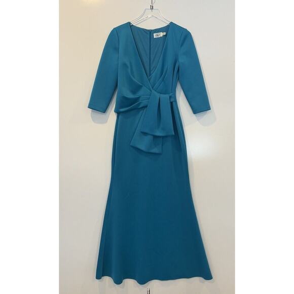 Eliza J Drape Bow Crepe Sheath Formal Dress Ocean Blue Gown Womens Size 8 - Picture 2 of 5